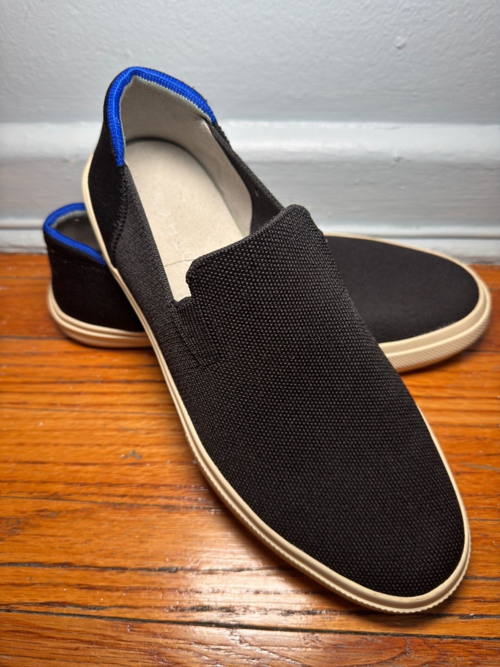 Rothy's Black Slip-On Loafers with Blue Trim men’s size 10.5 like new